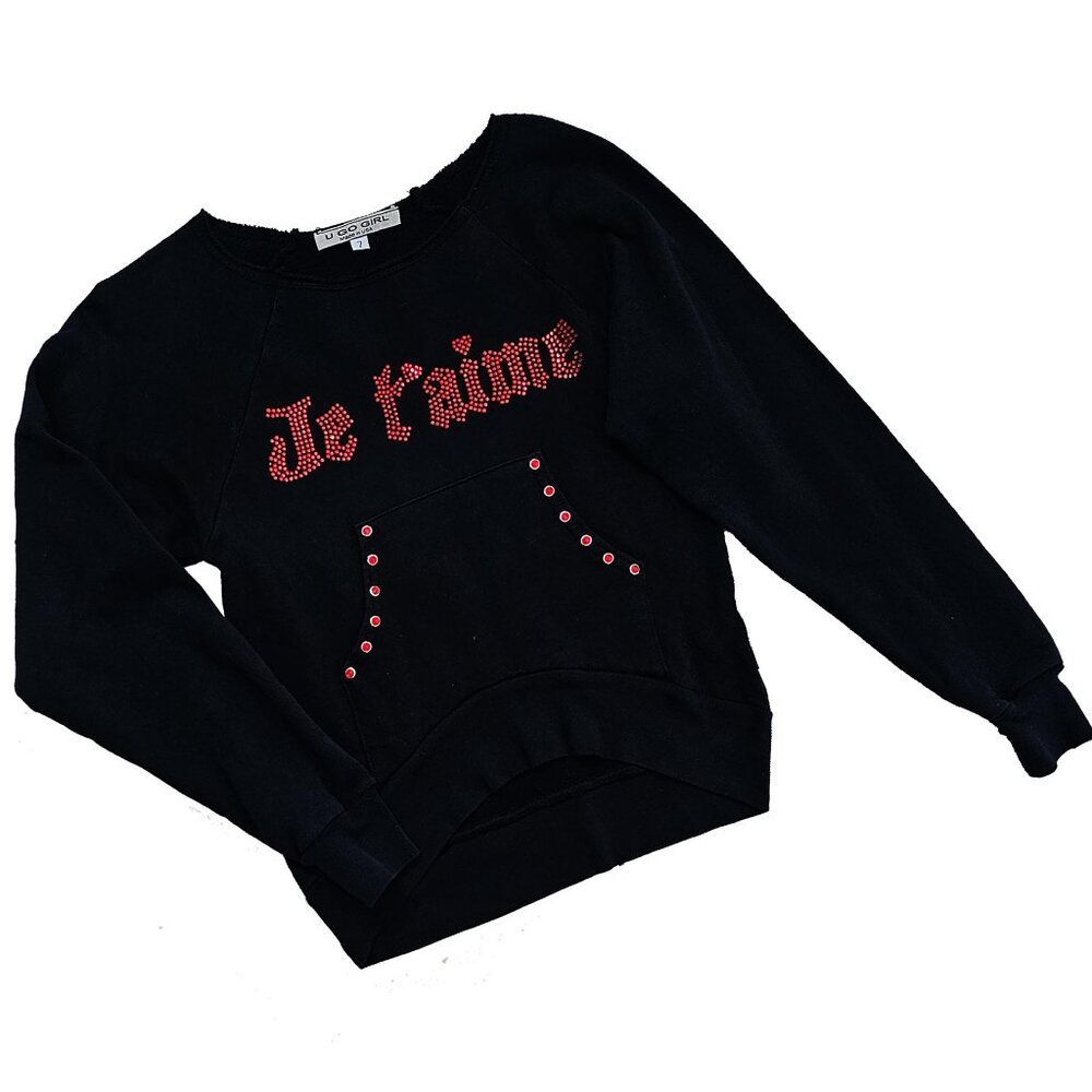 Je T'aime (I love you) Embellished Girl's Black Sweatshirt